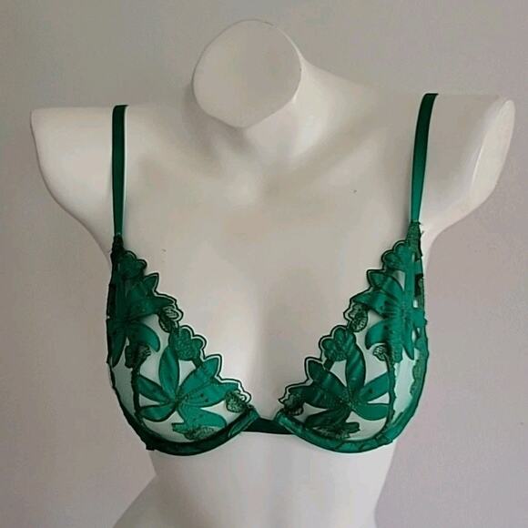Victoria Secret Very Sexy Verdant Green Unlined Low Cut Demi Bra 34C Embroidered - Picture 1 of 11
